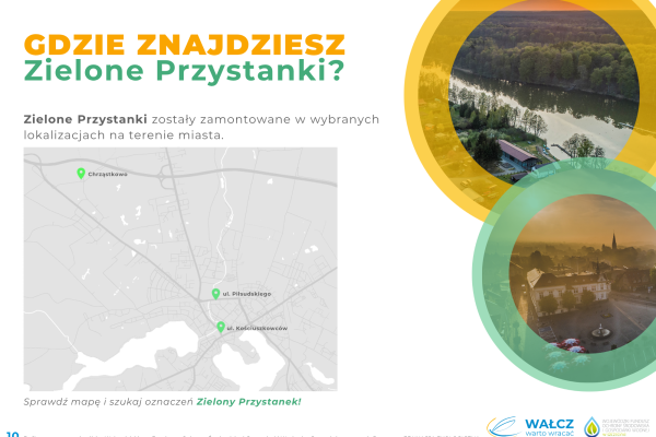 Plakat informacyjny dotyczący programu „Zielone Przystanki” w Wałczu w Polsce, zawierający mapę miasta z zaznaczonymi zielonymi przystankami, nagłówek, opis oraz dwa małe zdjęcia krajobrazowe przedstawiające przyrodę i wodę w żółtych kółkach.