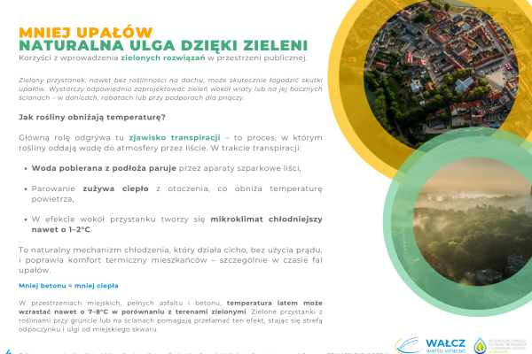 Grafika informacyjna przedstawiająca, w jaki sposób ekologiczne rozwiązania ograniczają nagrzewanie się miast, zawierająca tekst, punkty wypunktowane oraz zdjęcie ławki pod drzewami w nasłonecznionym, zielonym parku po prawej stronie. W projekcie wykorzystano akcenty w kolorach zielonym, żółtym i niebieskim.