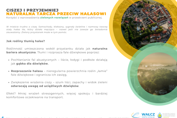 Plakat informacyjny w języku polskim poświęcony ekologicznym ekranom akustycznym. Zawiera tekst, okrągłe ilustracje przedstawiające park i ulicę z drzewami oraz grafiki w odcieniach zieleni, żółci i błękitu.