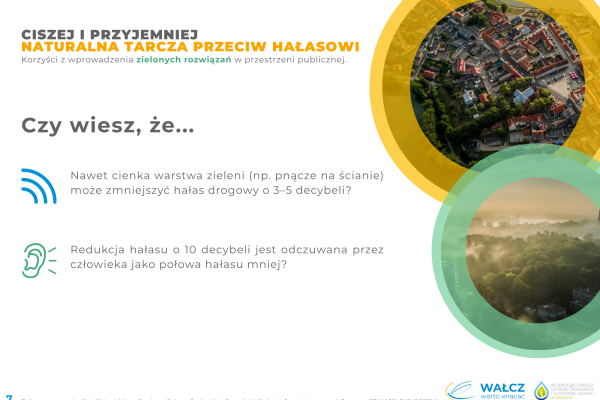 Infografika w języku polskim poświęcona ekologicznym rozwiązaniom w zakresie redukcji hałasu, zawierająca zdjęcia lotnicze miasta, fakty dotyczące hałasu oraz ikony przedstawiające rośliny i ucho. Niebieskie i zielone akcenty podkreślają korzyści płynące z wykorzystania zieleni w celu zmniejszenia hałasu w przestrzeni publicznej.