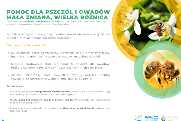 Plakat informacyjny w języku polskim poświęcony znaczeniu ochrony pszczół i zapylaczy, zawierający tekst, kwiaty, pszczoły oraz żółte koło z wizerunkiem pszczoły w prawym górnym rogu.