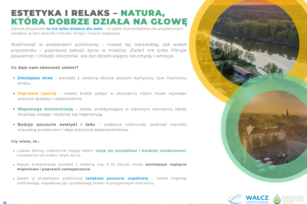 Plakat informacyjny w języku polskim poświęcony korzyściom płynącym z terenów zielonych dla zdrowia psychicznego, zawierający tekst, ikony, zdjęcie parku oraz logo „WALCZ – warto wracać”.